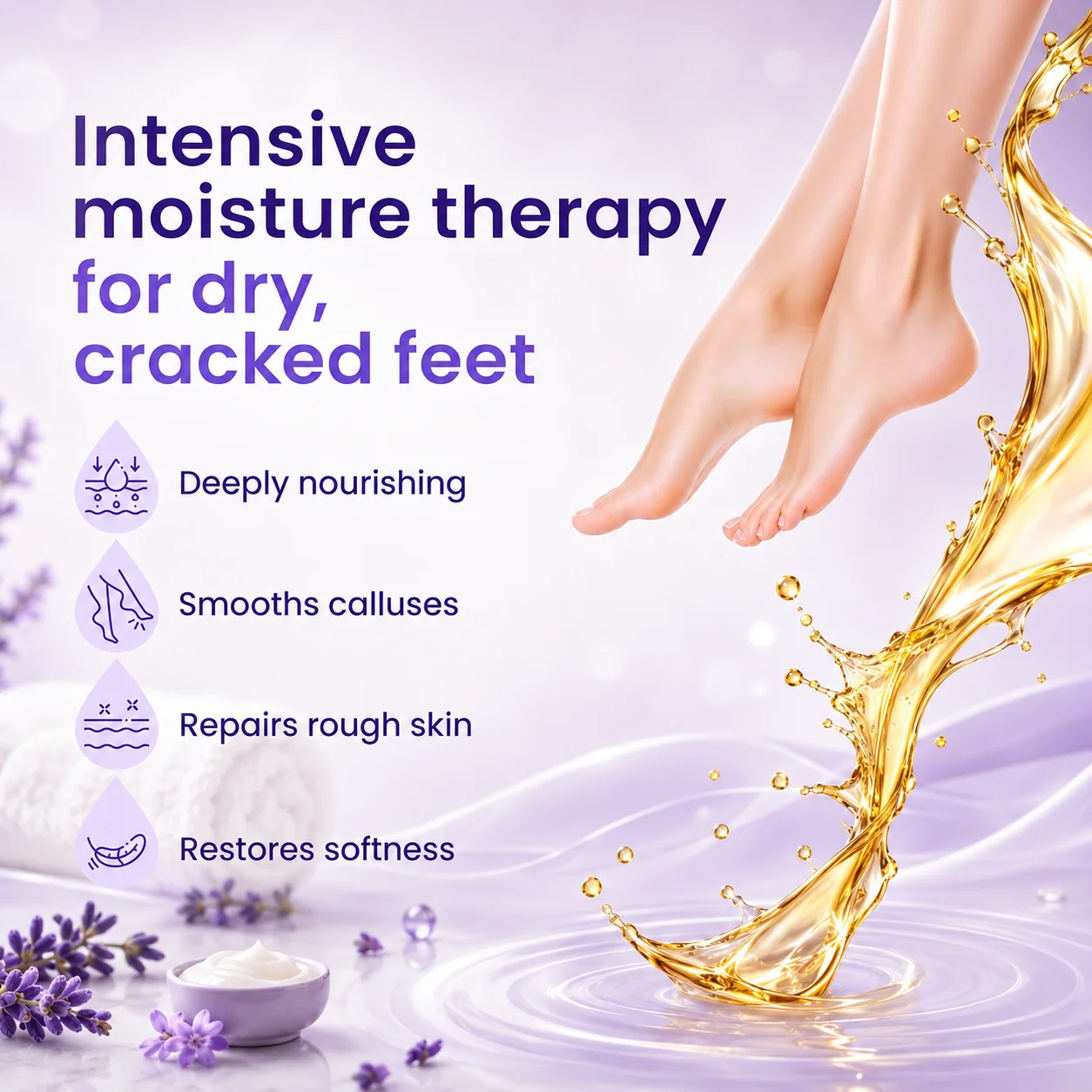 Image showcasing intensive moisture therapy for dry, cracked feet with benefits listed including deeply nourishing, smoothing calluses, repairing rough skin, and restoring softness.